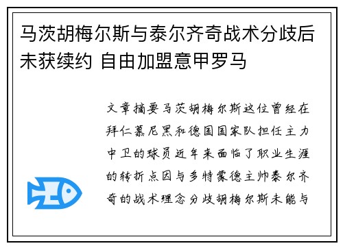 马茨胡梅尔斯与泰尔齐奇战术分歧后未获续约 自由加盟意甲罗马